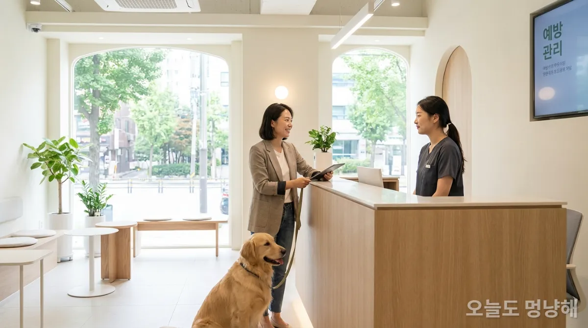 수의사와 반려동물 건강검진 및 펫보험에 대해 상담하는 한국인 보호자