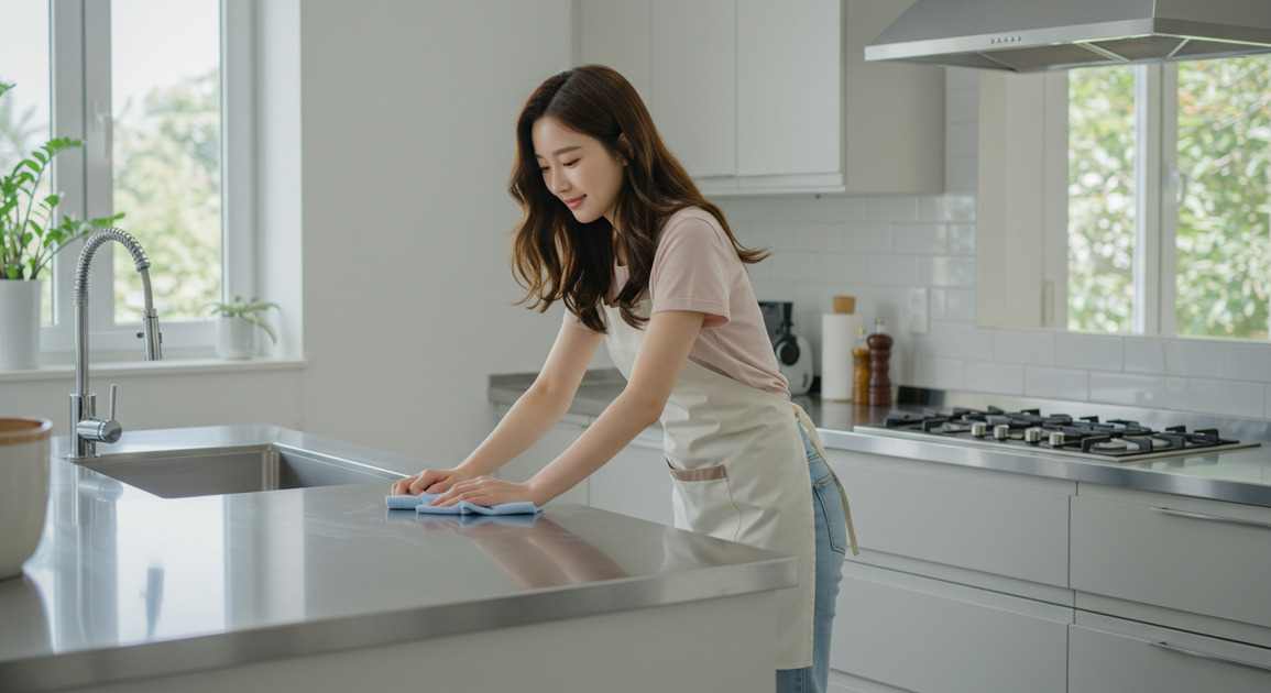 주방 청소 하는 여성 이미지