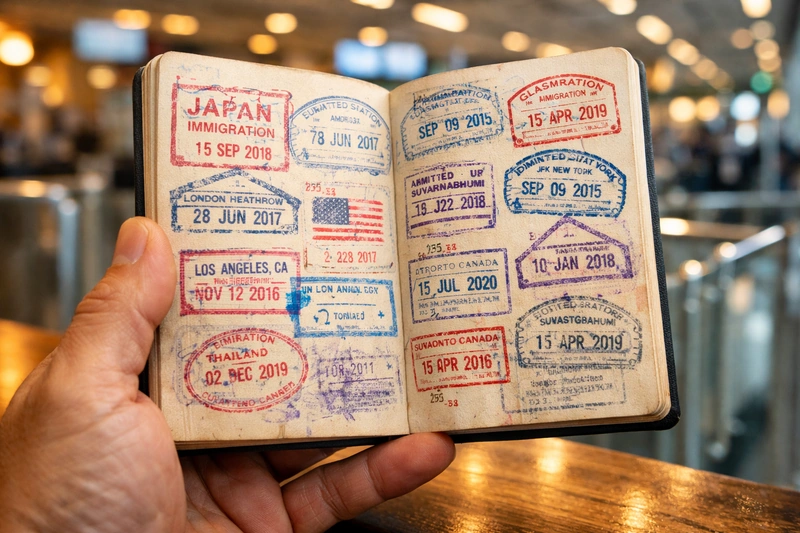 여러 나라의 출입국 도장이 빽빽하게 찍힌 여권을 손에 들고 있으며, 배경에는 공항 출입국 심사장이 흐리게 보이는 이미지