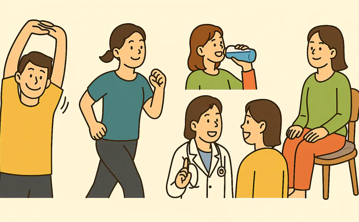 밝은 표정으로 스트레칭·운동·물 마시기·방석 사용·병원 상담을 실천하는 사람들