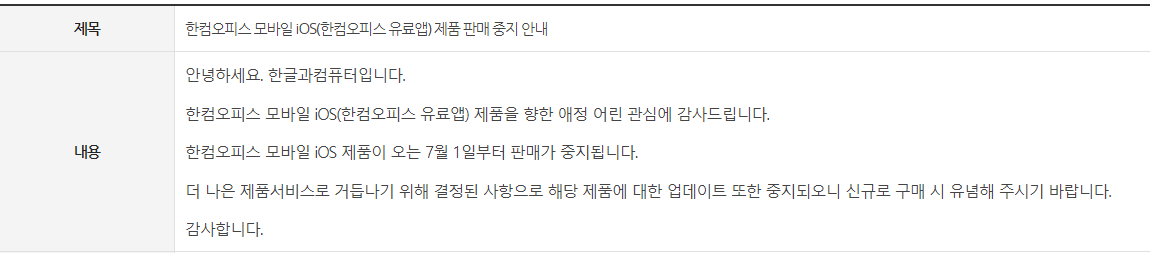 한컴오피스 모바일 iOS(한컴오피스 유료앱) 제품 판매 중지 안내