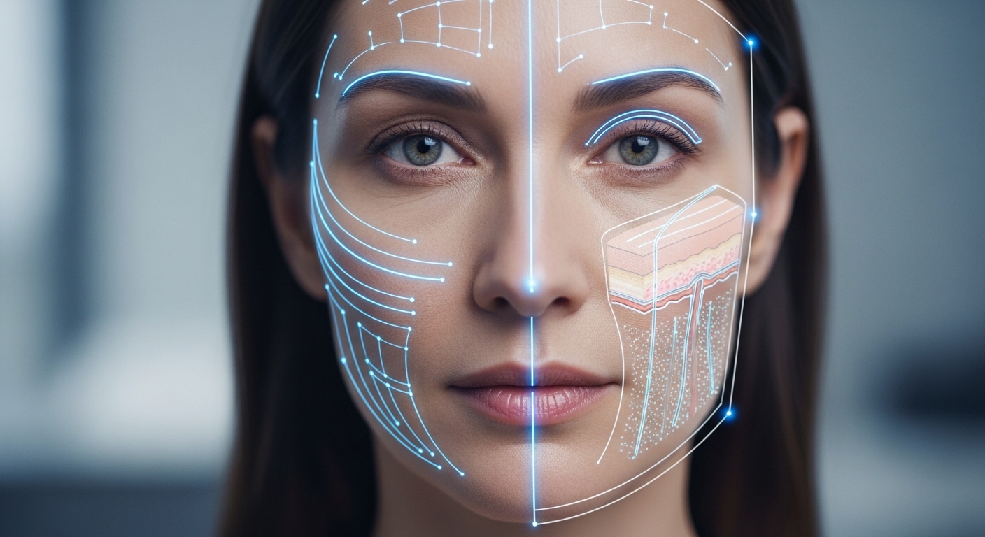 AI 3D 스캐닝으로 피부 속을 정밀 분석하는 여성의 얼굴.