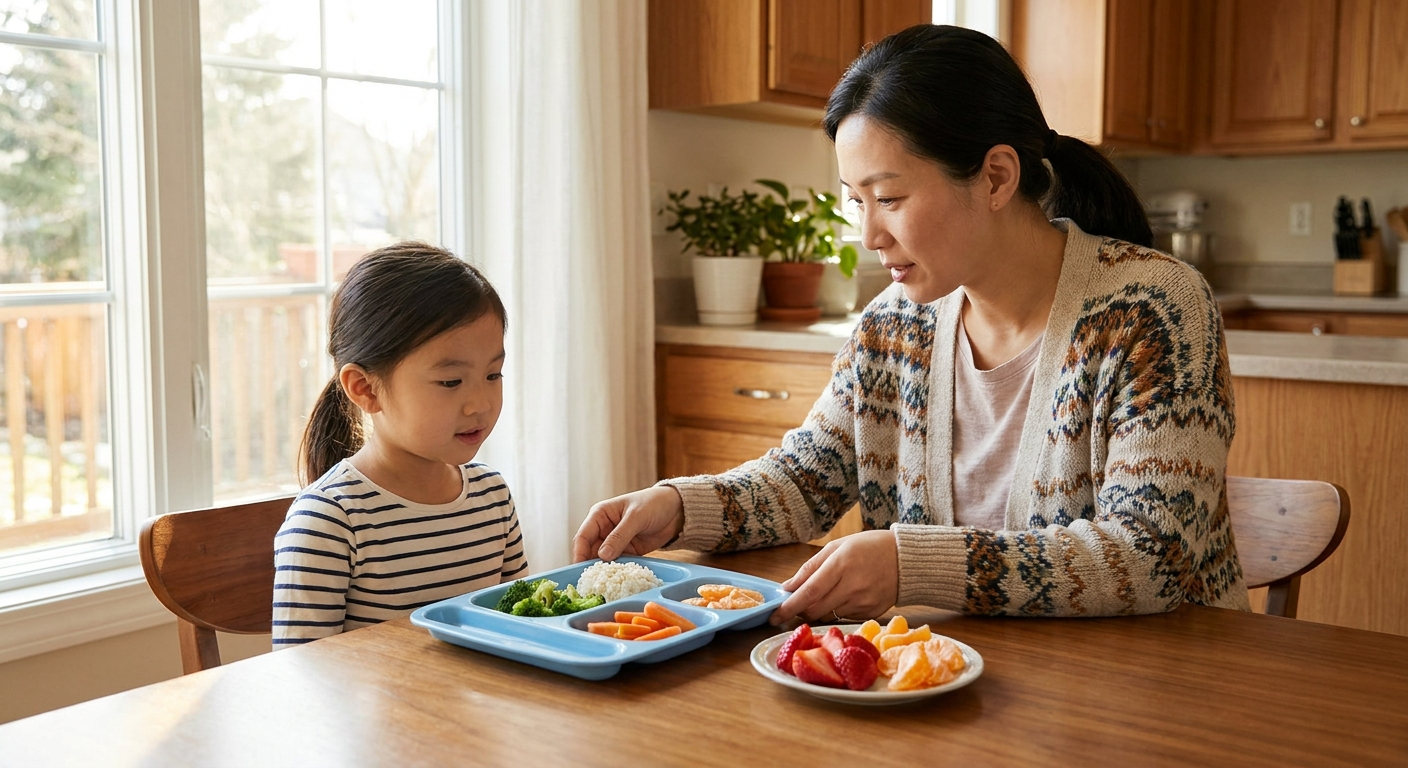 식판에 담긴 아이 식사와 과일