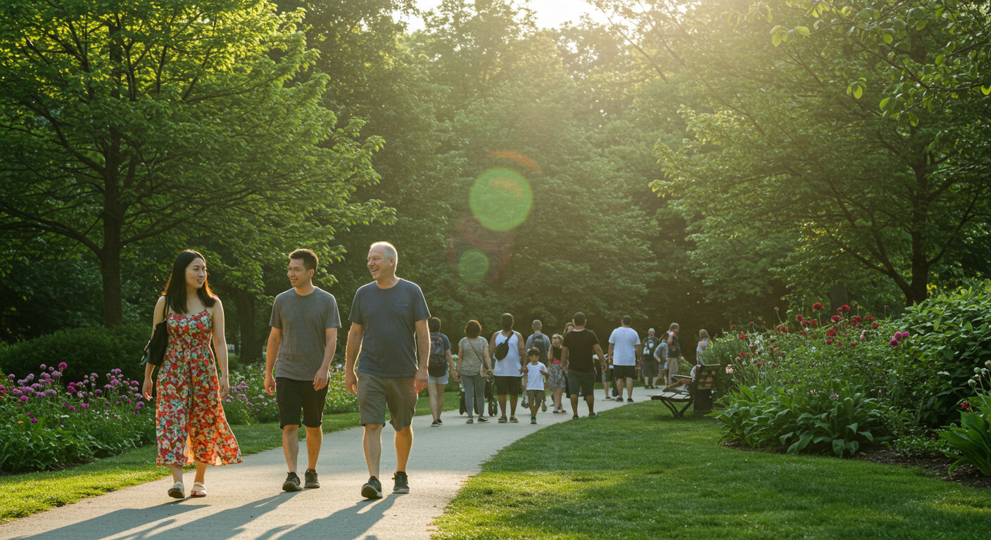 people are walking in the park on a very bright sunny day