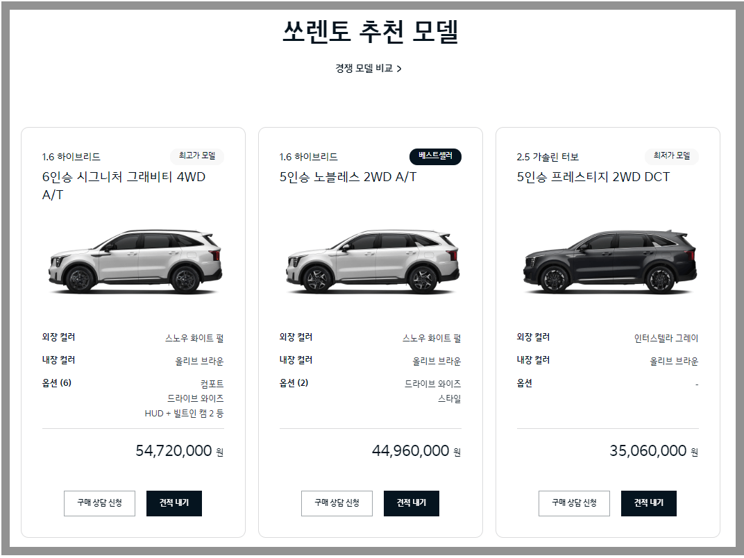 쏘렌토 추천 모델 가격표
