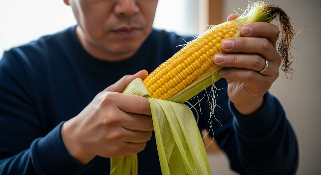 한국인이 황금맛찰옥수수의 겉껍질만 벗기고 속껍질 2~3겹을 남겨 손질하는 장면 클로즈업