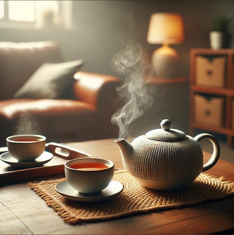 따뜻한 차 두 잔과 티폿, 찻잔