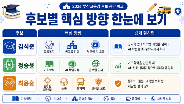 2026 부산교육감 후보 공약 비교 김석준 정승윤 최윤홍 핵심정리