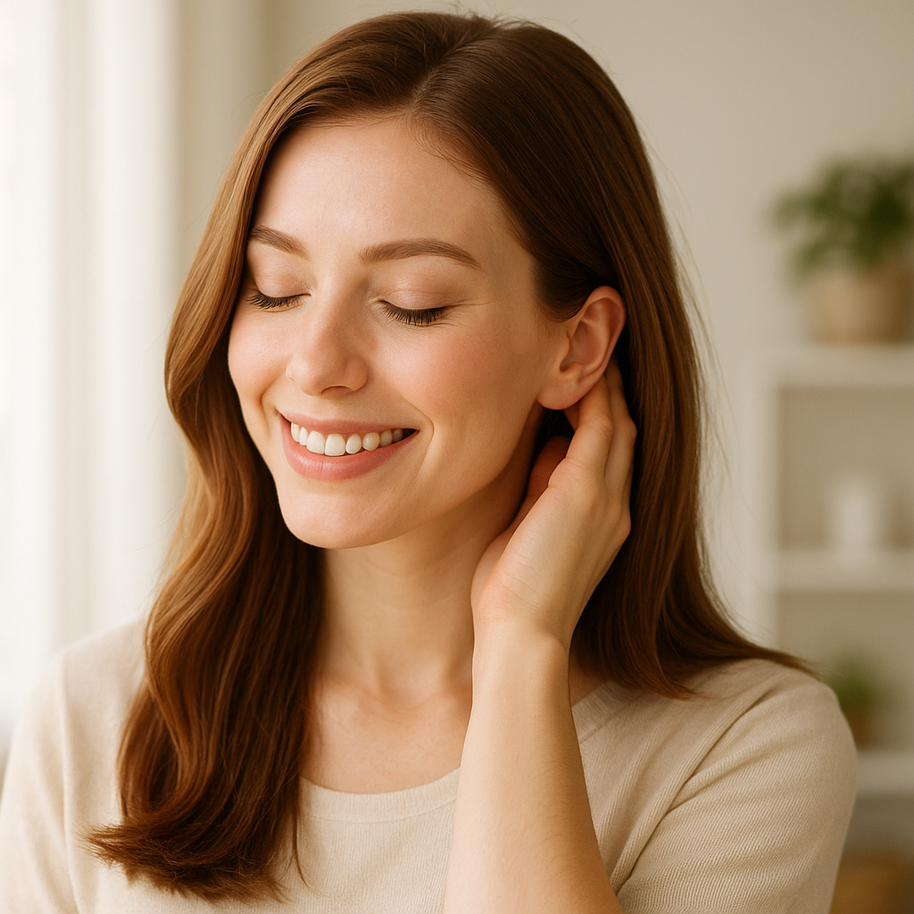 부드러운 머릿결을 만지며 미소 짓는 여성