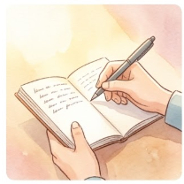 노트에 칭찬을 적고 있다