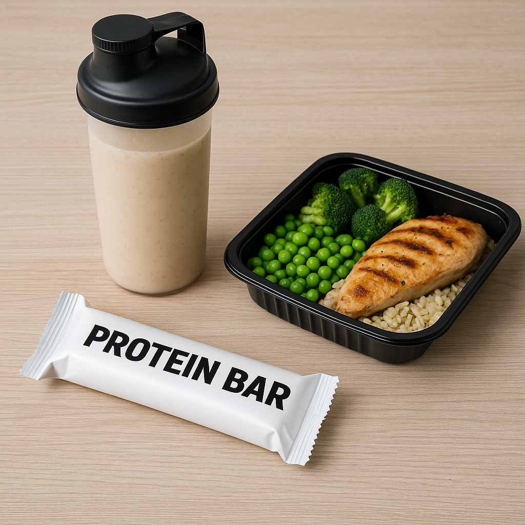 단백질 쉐이크. 단백질 바, 그리고 닭가슴살과 채소, 현미밥이 담긴 도시락