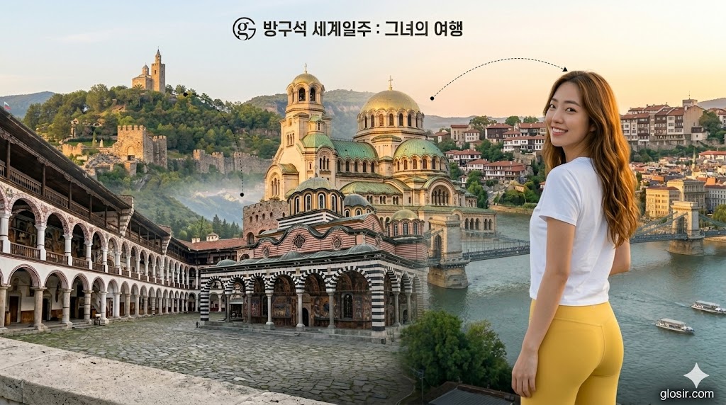 알렉산드르 네프스키 대성당과 릴라 수도원 등 불가리아 주요 명소가 하나로 어우러진 배경을 향해 흰색 반팔티와 옐로우 레깅스를 입고 뒤돌아보며 웃는 한국 여성 뒷모습과$$방구석 세계일주 : 그녀의 여행$$glosir.com 파노라마 콜라주