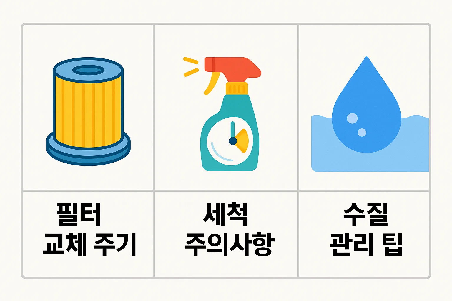 가습기 필터를 오래 사용하는 방법으로 필터 교체 주기, 세척 시 주의사항, 수질 관리 요령을 정리한 인포그래픽.