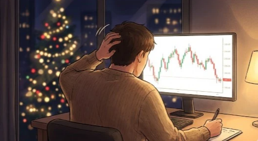 연말 밤 차트를 보며 매매일지를 쓰는 사람 뒷모습 일러스트