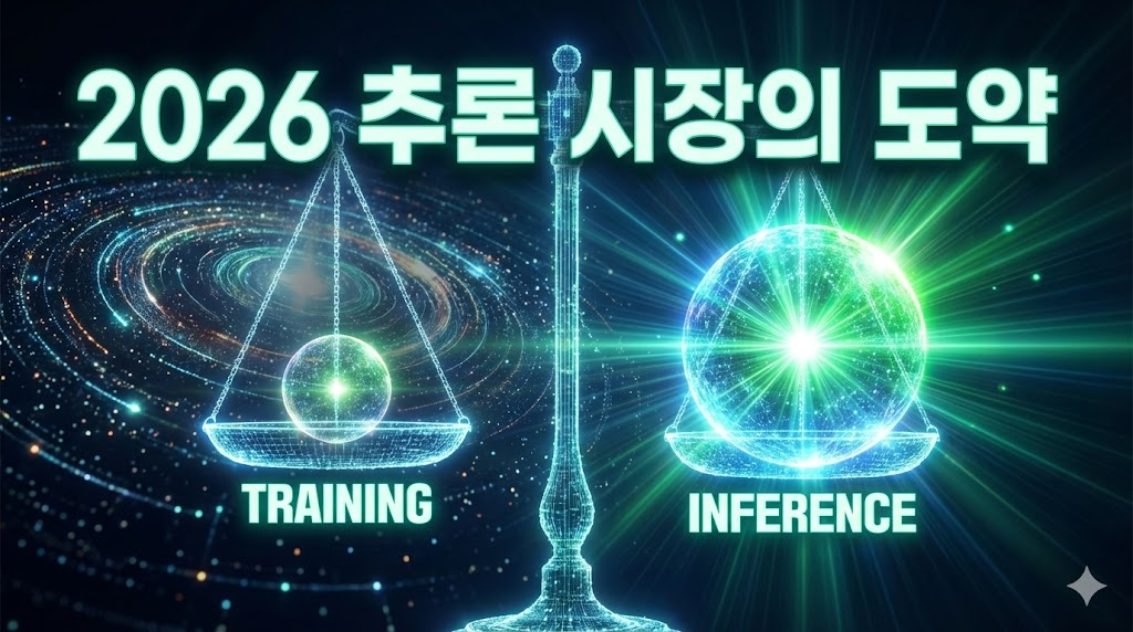 2026년 추론 시장의 도약을 상징하는 디지털 천칭과 추론 중심의 시각화.