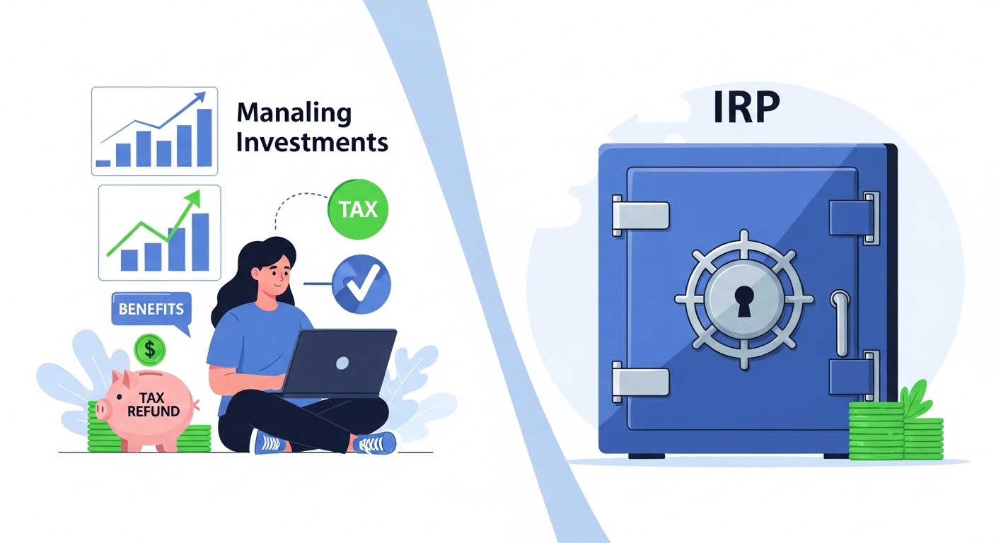 젊은이가 노트북으로 투자 포트폴리오를 관리하고 세금 혜택을 받는 모습과 IRP의 안전성을 상징하는 금고가 대비됩니다.