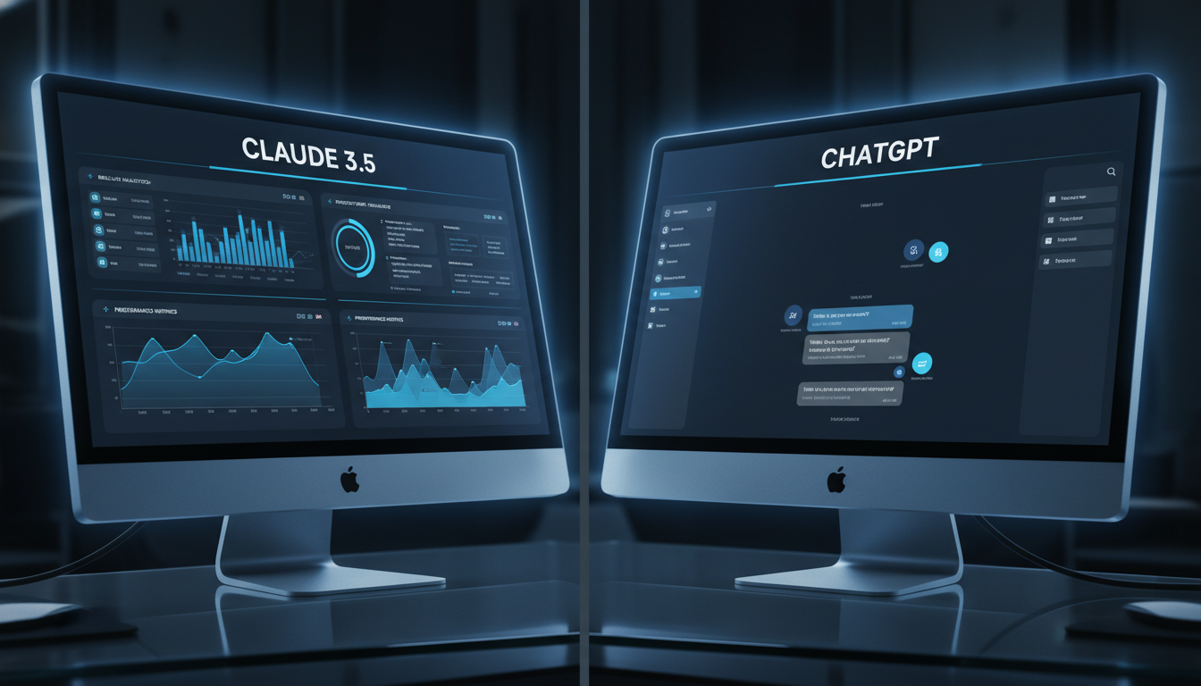 왼쪽 화면에는 클로드 3.5 텍스트와 복잡한 데이터 분석 차트가, 오른쪽 화면에는 챗GPT 인터페이스가 나란히 띄워진 듀얼 모니터 비교 모습