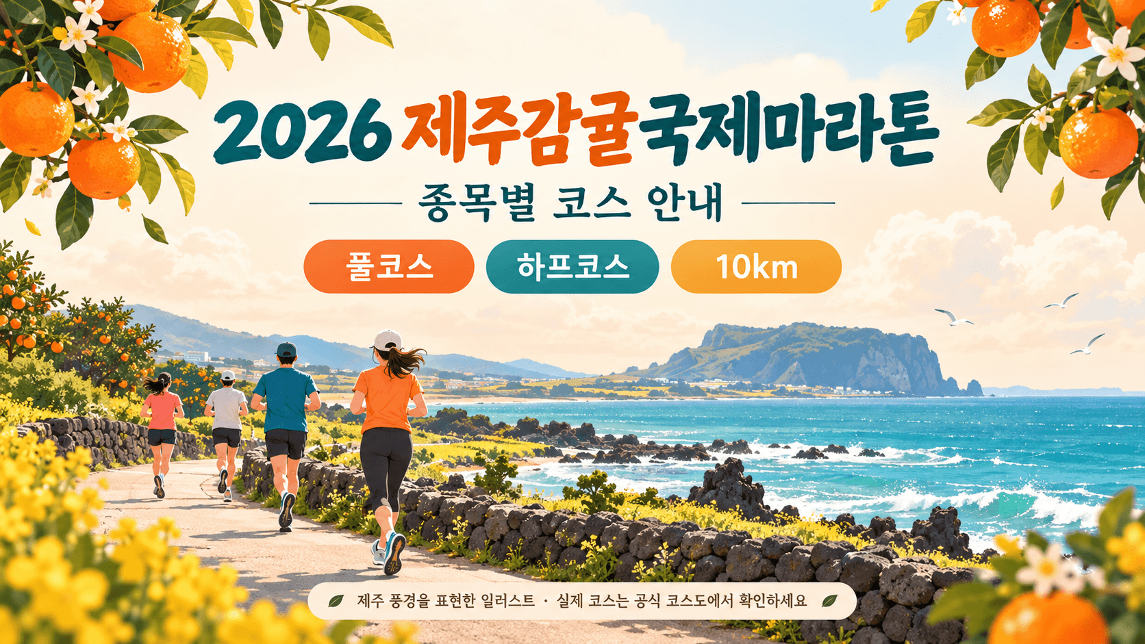 풀코스·하프·10km를 제주 풍경과 함께 표현했습니다. 실제 코스도는 아닙니다.
