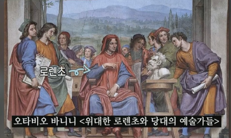 오른쪽 종이를 들고 있는 인물이 미켈란젤로