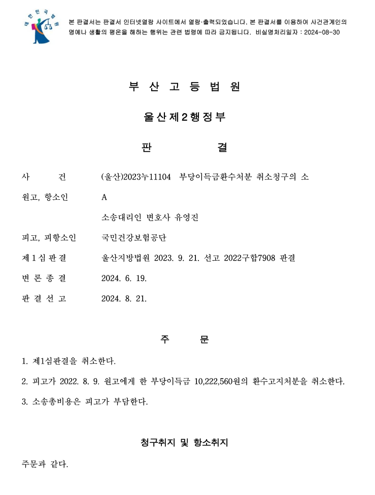국민건강보험공단의 부당이득 환수 처분 취소소송