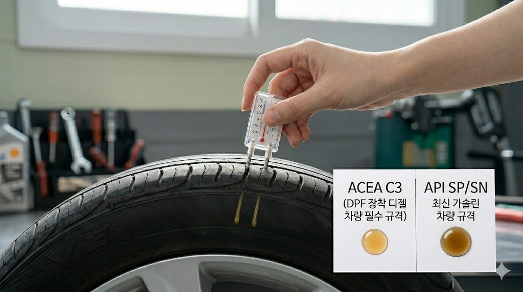 디젤 차량 엔진오일 선택 시 가장 중요한 'ACEA C3' 마크를 오일 통 뒷면 라벨에서 명확하게 찾아내는 그래픽 이미지