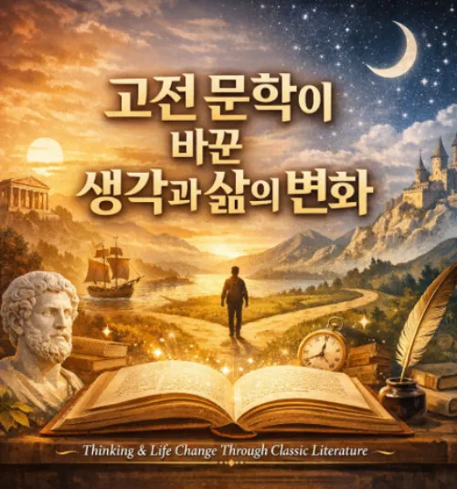 고전 문학을 읽으며 삶의 변화를 생각하는 사람과 책을 표현한 이미지