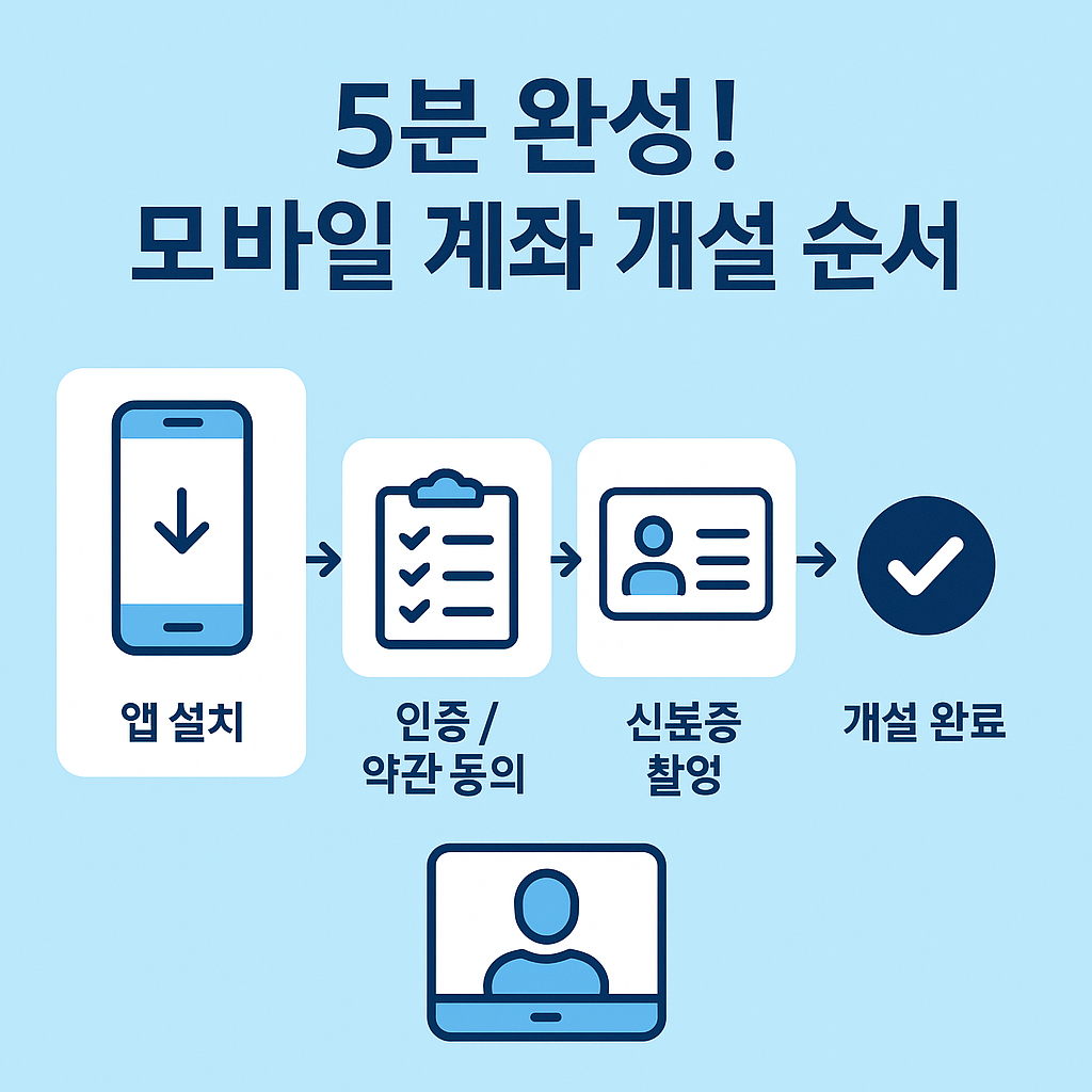 카카오뱅크 모바일 계좌 개설 순서를 5단계로 시각화한 이미지로, 앱 설치부터 본인 인증까지 절차를 명확히 안내