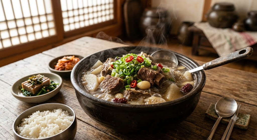 따뜻한 김이 피어오르는 뚝배기에 담긴 맑고 진한 갈비탕. 부드럽게 익은 갈비살과 송송 썬 대파 고명이 진한 국물 위에 떠 있고, 배경에는 은은한 조명의 아늑한 주방이 어우러져 먹음직스럽고 깊은 맛을 자아내는 모습.