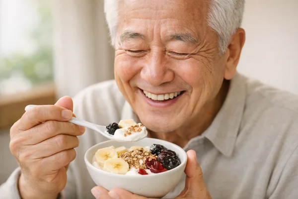 장 활동을 돕는 노인 식사 모습