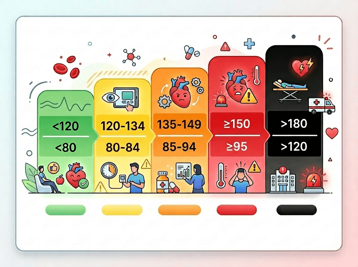 혈압 수치 구간별 분류표를 컬러 인포그래픽으로 표현한 일러스트