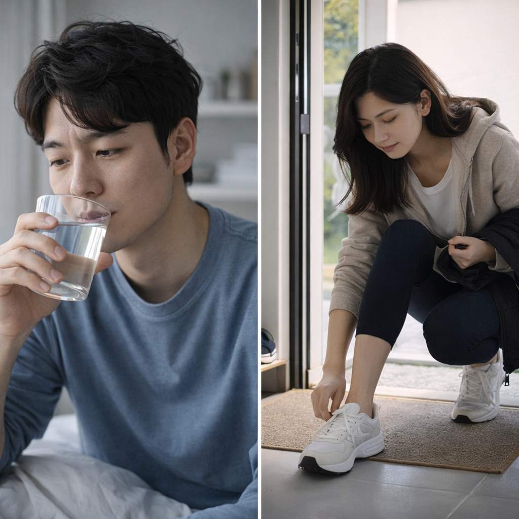 금연 중 갈망을 줄이기 위해 물 마시기나 산책 같은 대체 행동을 하는 모습