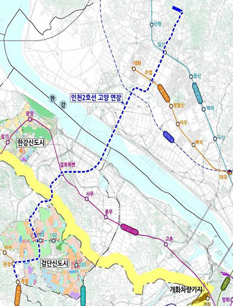 인천 2호선 검단&middot;고양 연장 노선도