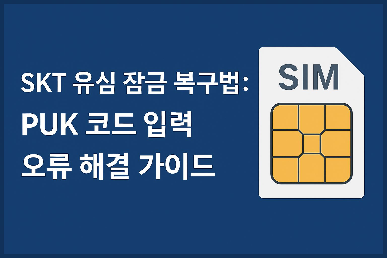 SK텔레콤 유심(PUK) 잠금 문제를 복구하는 방법을 안내하는 배너 이미지. 파란 배경에 SIM 카드 아이콘과 복구 가이드 문구가 포함되어 있다.