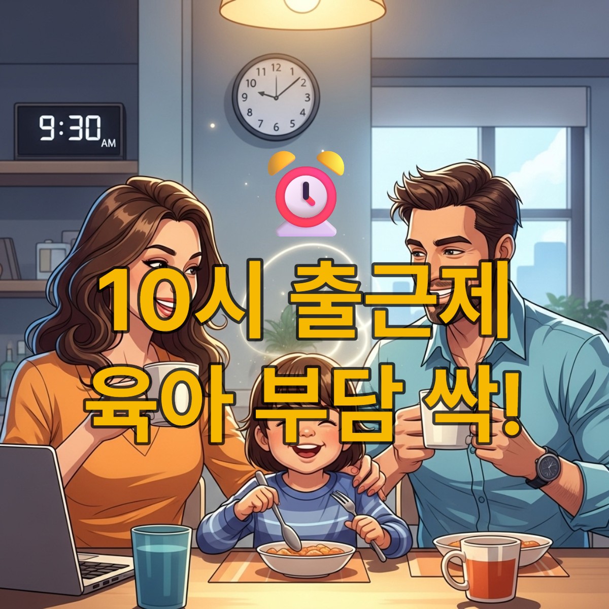 육아기 10시 출근제로 아침 여유를 즐기는 워킹맘과 워킹대디의 행복한 모습