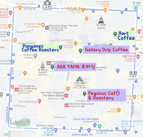치앙마이 카페 투어 ① : 올드시티 카페 (AKA YAMA 프라싱, Gallery Drip Coffee, Pegasus Café & Roastery)_구글 위치