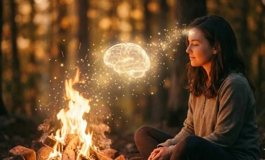 모닥불과 빛으로 연결된 뇌와 불멍하는 사람