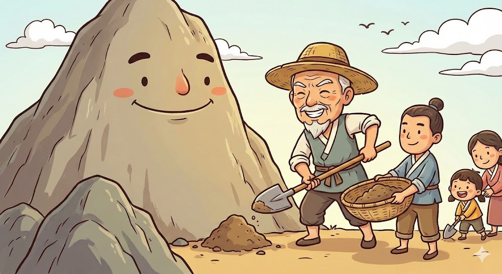 우공은 간단한 삽과 삼태기만으로 산을 옮기는 작업을 시작했습니다
