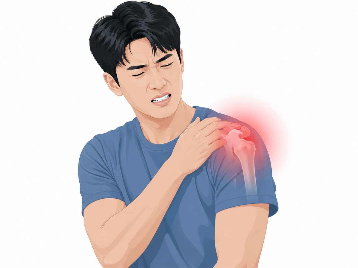 붉게 표시된 어깨를 손으로 감싸 쥐고 통증에 얼굴을 찡그린 남성, 어깨 탈구 통증