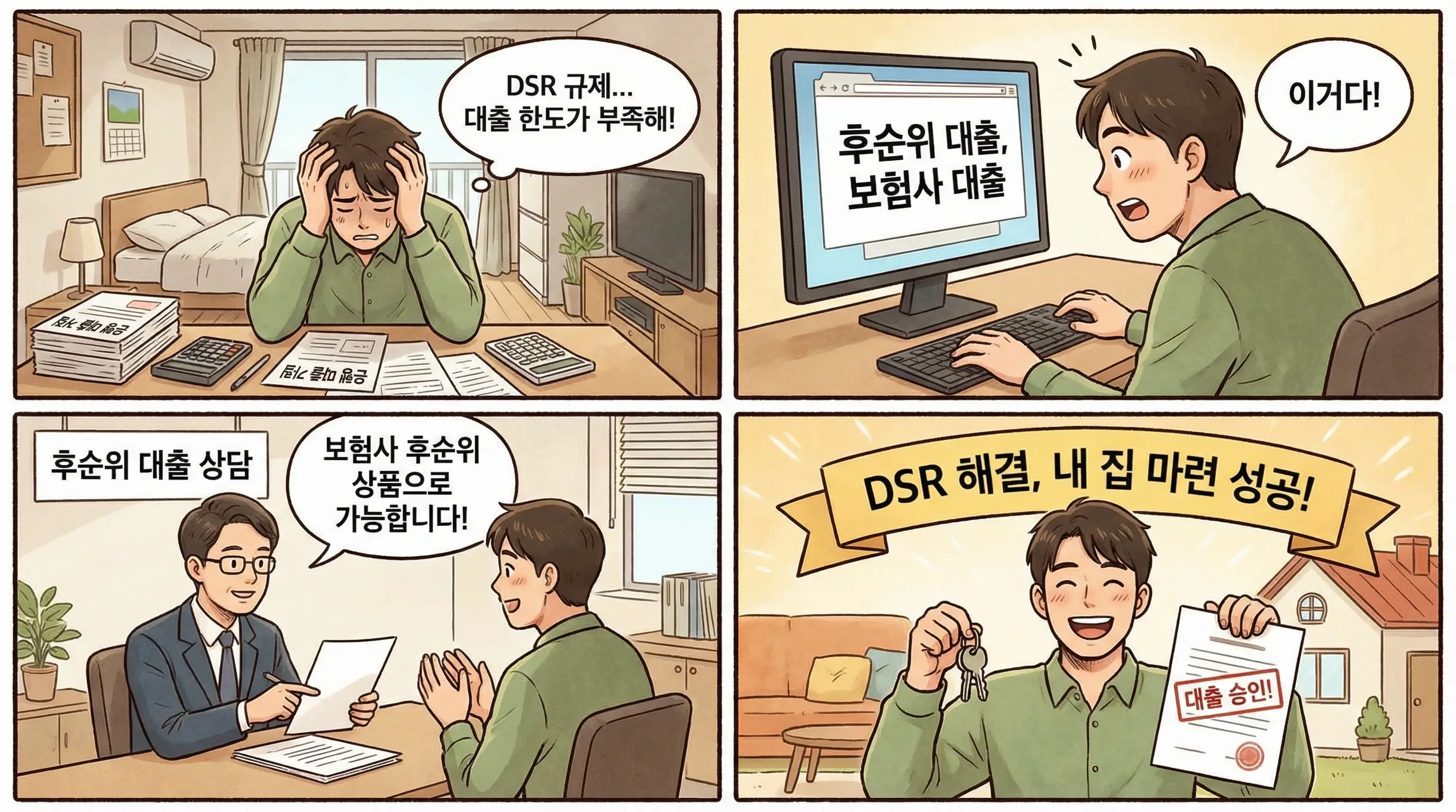 은행의 DSR 규제로 대출 한도가 부족해 고민하는 사람이 후순위 대출과 보험사 상품으로 해결책을 찾는 모습