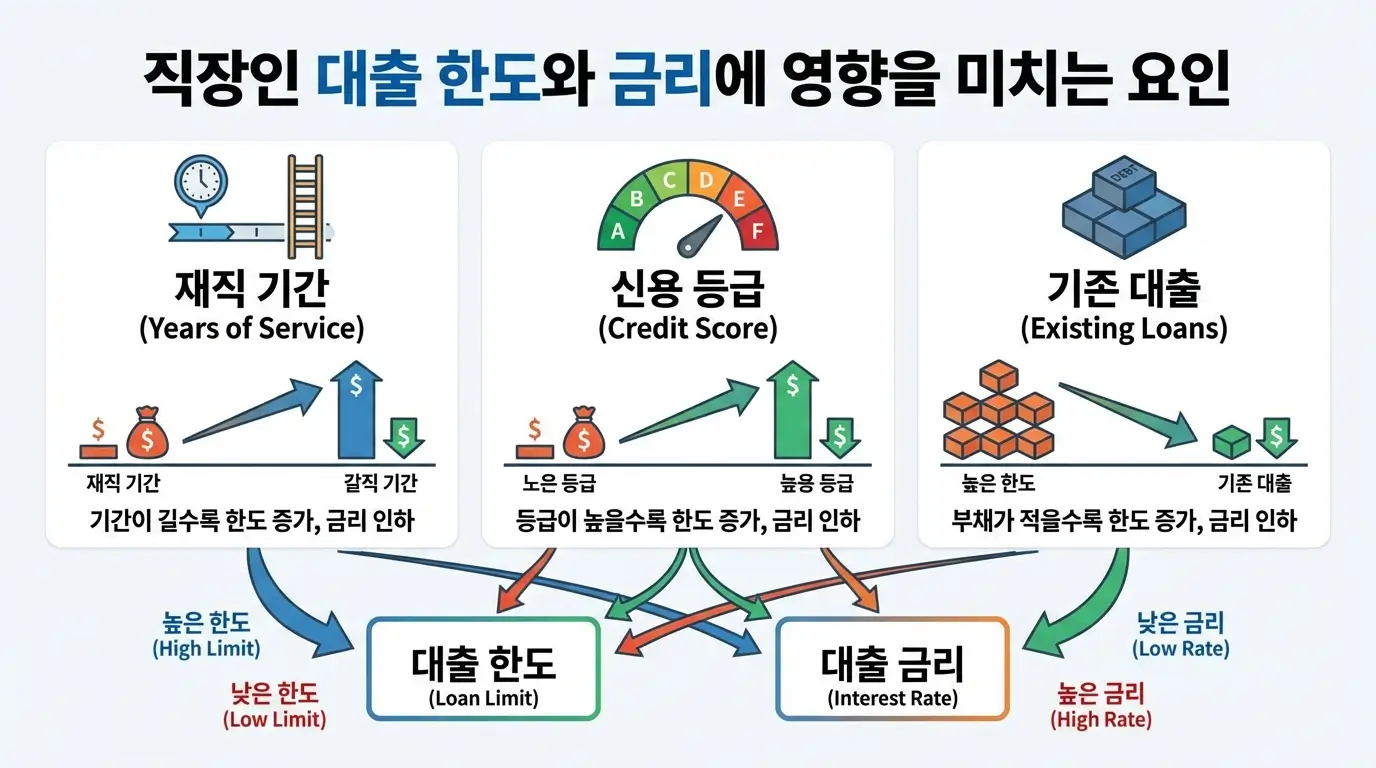 직장인 대출 한도와 금리에 영향을 미치는 재직 기간, 신용 등급, 기존 대출 등의 요인을 보여주는 인포그래픽