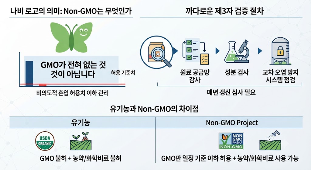 초록색 나비 로고의 'Non-GMO Project Verified'는 정확히 무엇을 보증할까요? 본문에서는 민간 인증 기관이 수행하는 엄격한 검증 절차와 그 한계를 명확히 설명합니다. Non-GMO는 GMO 성분이 전혀 없다는 '무결점' 인증이 아니라, 비의도적 혼입을 허용 기준치 이하로 관리했다는 '관리 시스템' 인증입니다. 또한, 농약과 화학비료를 사용하는 관행농업 제품도 GMO 원료만 배제하면 Non-GMO 인증을 받을 수 있다는 사실을 유기농과의 비교를 통해 확인해 봅니다.