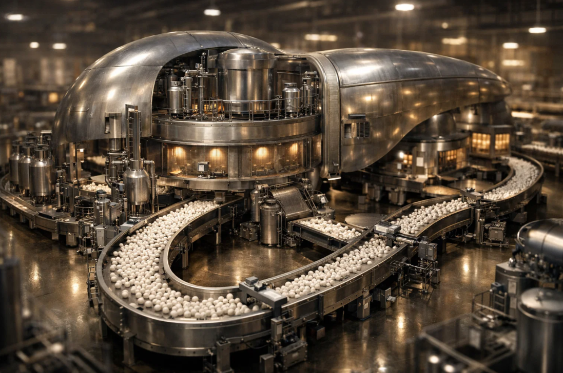 간을 공장처럼 비유해 알부민 생성과 대사 기능을 표현한 산업 콘셉트 이미지