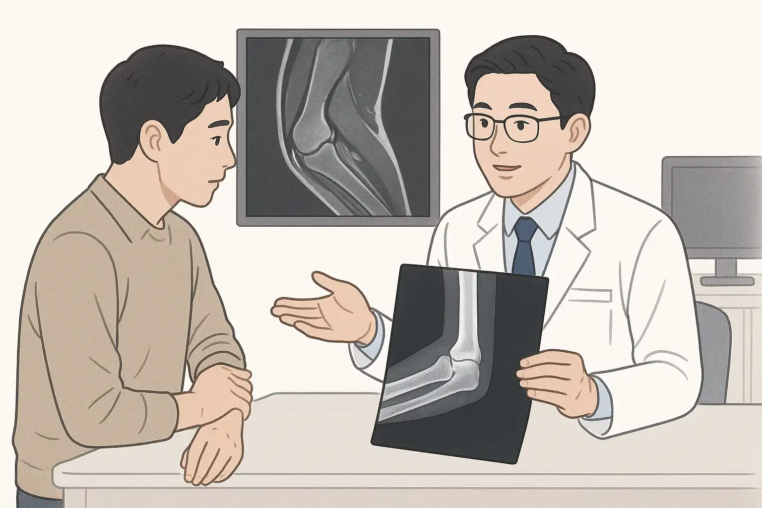 팔꿈치 MRI 촬영 장면, 의사와 환자가 팔꿈치 X-ray 사진을 보며 상담하는 모습