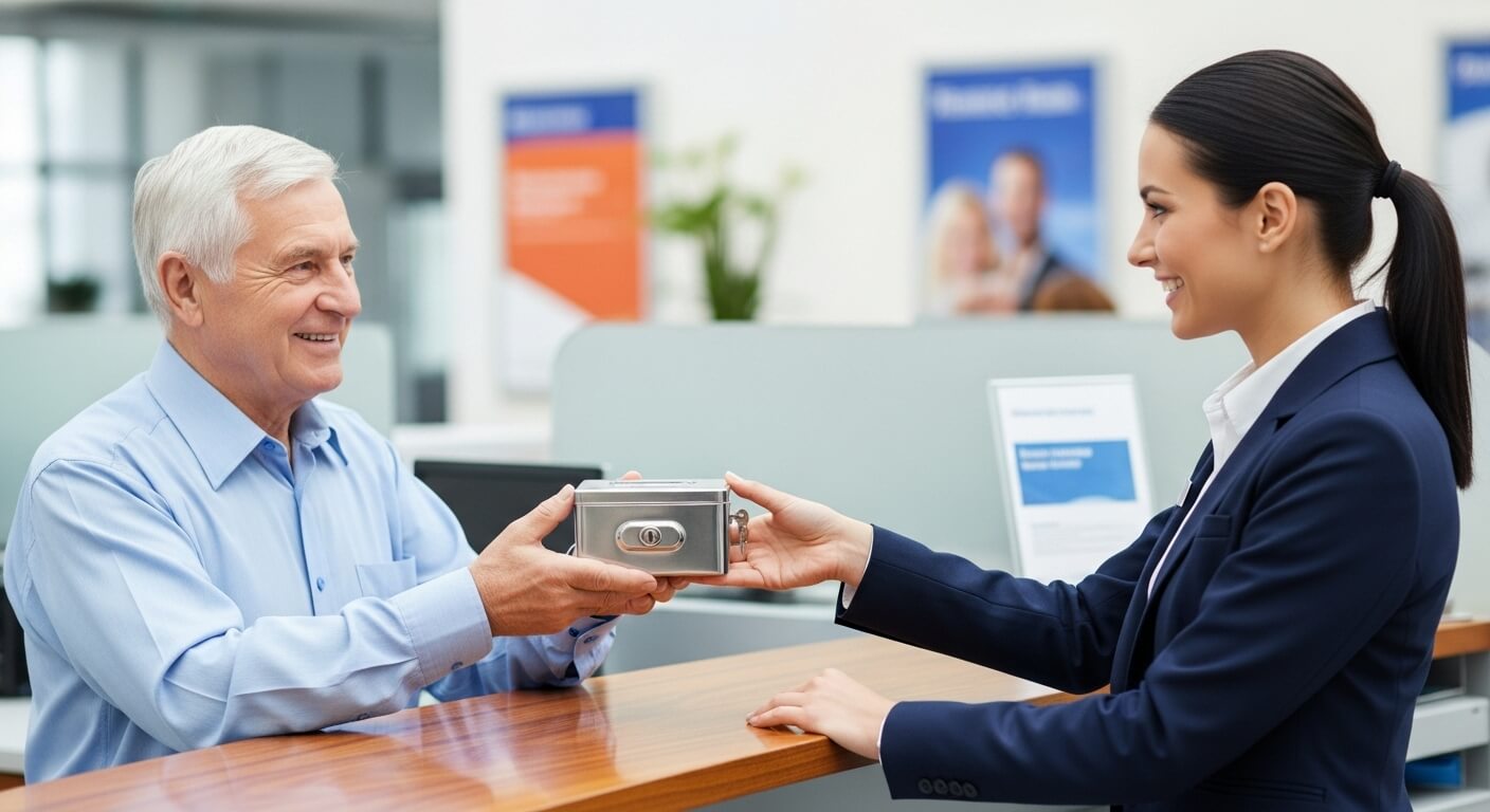 노부부가 은행 직원과 함께 컬러 기념주화 예약 안내를 받는 장면