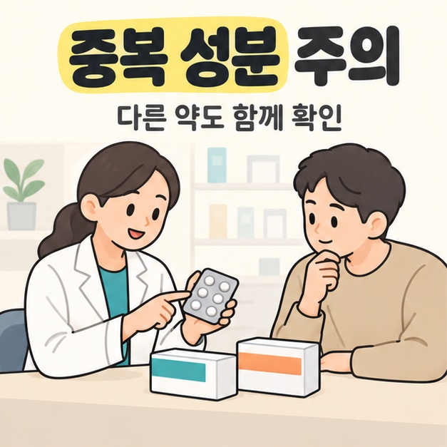 중복 성분 주의 문구 아래에서 약사가 정제 포장을 가리키며 이용자와 상담하고 탁자에는 서로 다른 약 상자가 놓여 있다.