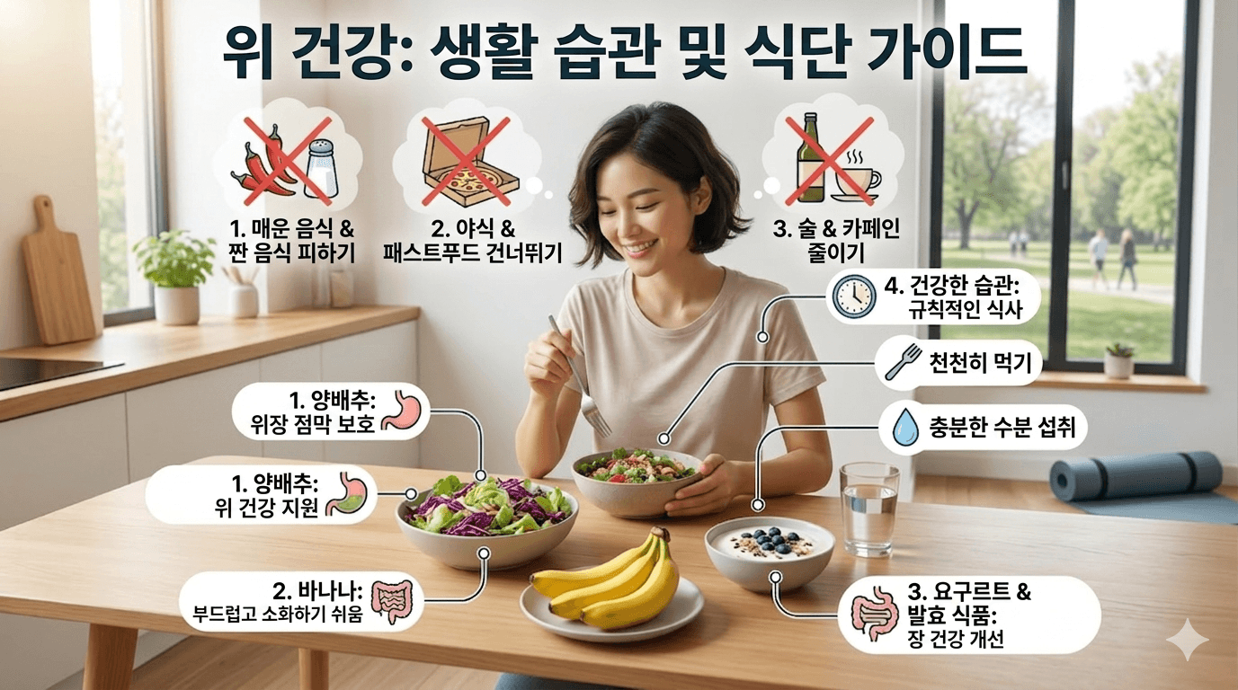 위 건강을 위한 생활 습관 및 식단 가이드 요약 이미지
