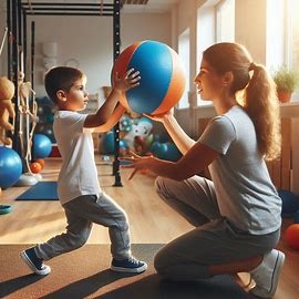 이미지는 감각운동 통합훈련을 하는 장면을 보여줍니다. 아이는 큰 공을 던지고 받는 연습을 하고 있으며, 이는 시각과 청각의 정보처리가 균형을 맞추는 데 도움이 됩니다. 교사는 옆에서 지시를 하고 있으며, 아이는 집중하여 운동을 하고 있는 모습입니다. 방에는 다양한 운동 기구들이 놓여져 있으며, 창밖으로 자연光이 들어오는 모습이 보입니다.