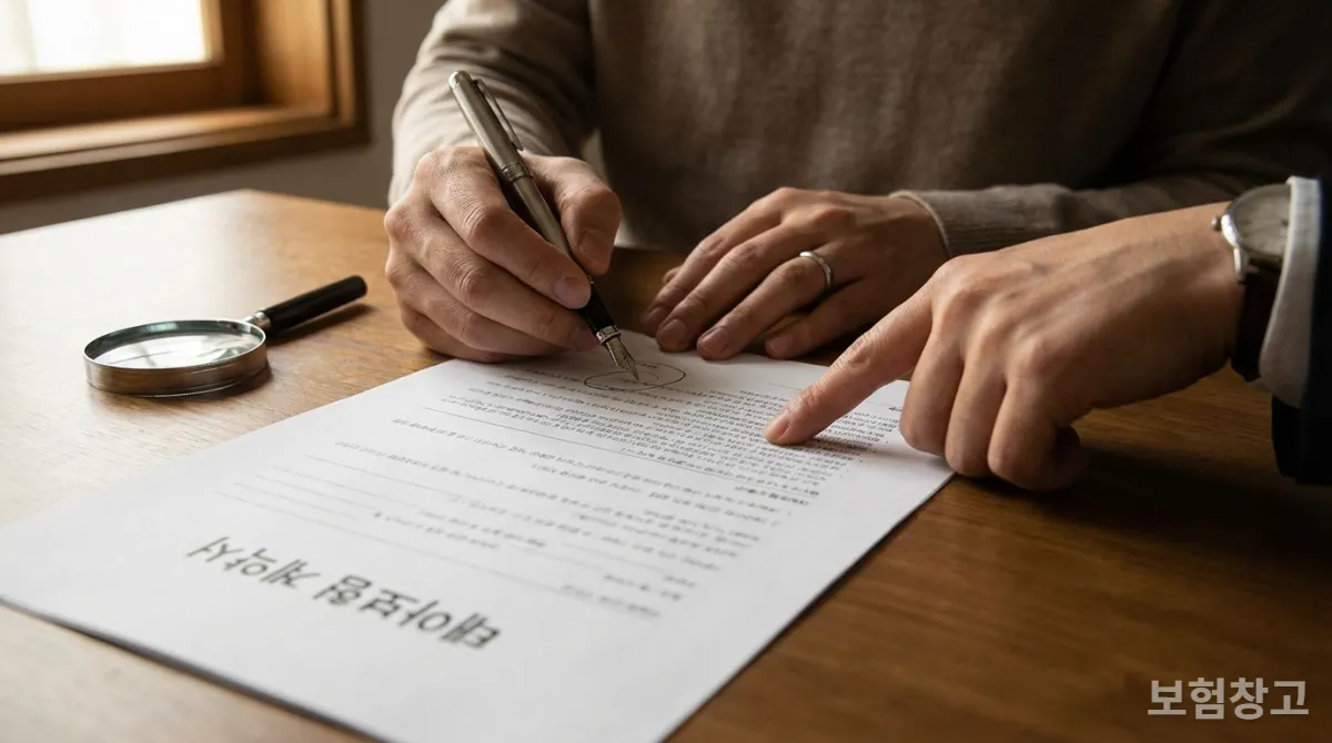 태아보험 계약서의 특약을 꼼꼼히 검토하는 부모의 손