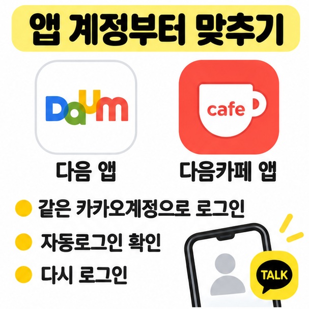 다음 앱과 다음카페 앱의 카카오계정을 같은 계정으로 맞추는 과정을 보여주는 카드