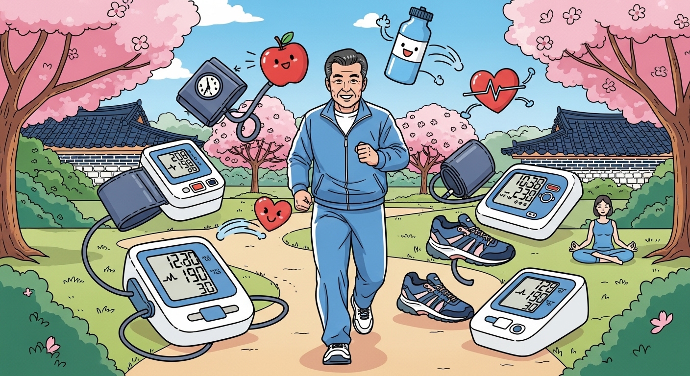 50대 남성이 공원에서 빠르게 걷기 운동을 하는 모습